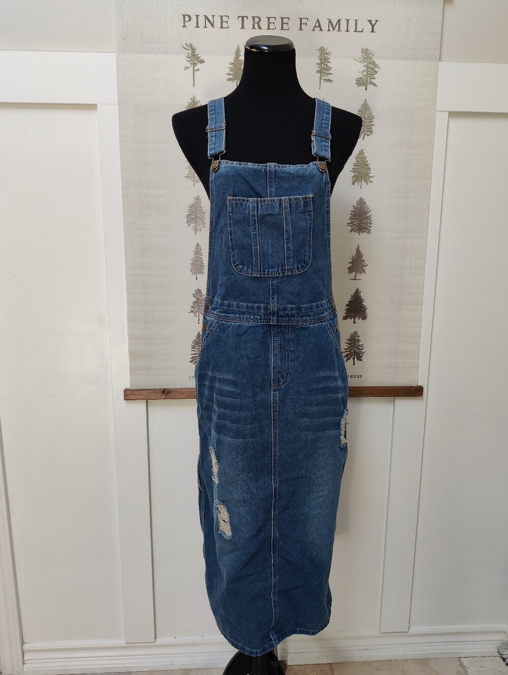 Midiross Distressed Denim Overall Midi Dress with Pockets Size Large